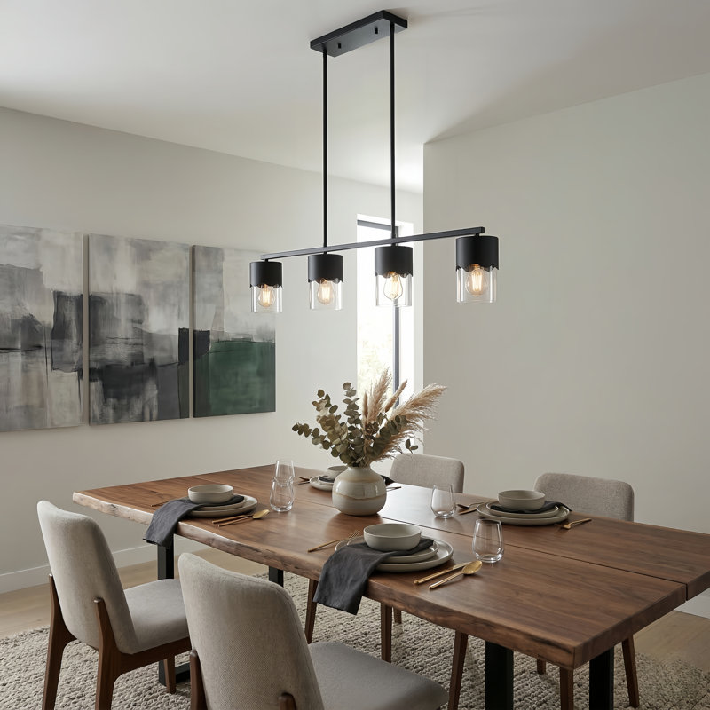 Kailyn 4-Light 36"W Black Metal And Glass Modern Linear Pendant Light With Adjustable Rod For Kitchen Island, Matte Black