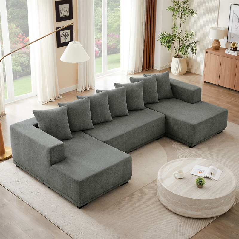 Chenille U-Shaped Sectional Sofa Set, 35.43" H x 128" W x 61.02" D, Gray Chenille