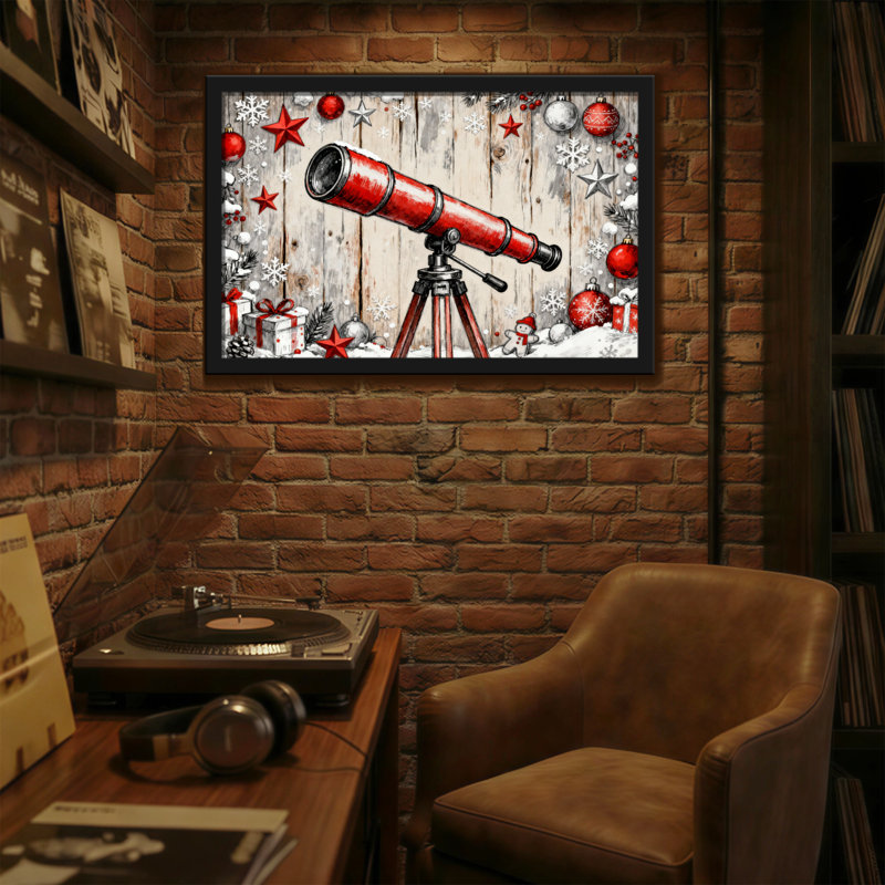 Télescope de Noël sur fond en bois avec ornements