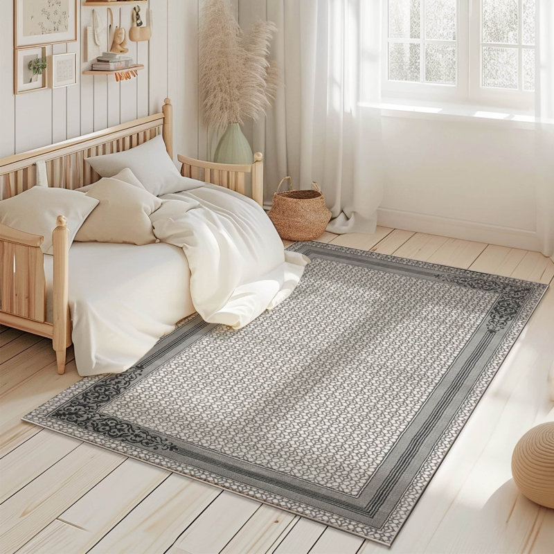Tapis moderne à bordure abstraite avec cadre moderne 5 x 7 pour tapis de salon, Rectangle 5 pi 3 po x 7 pi 7 po