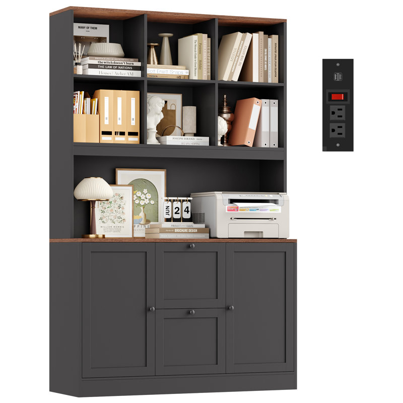 72"H Wood Storage Bookcase With File Drawers, Base Cabinet With Drawers, Black, Brown/Black