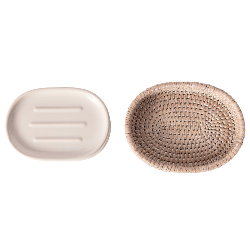 Porte-savon ovale en rotin avec insert en céramique , Blanc délavé