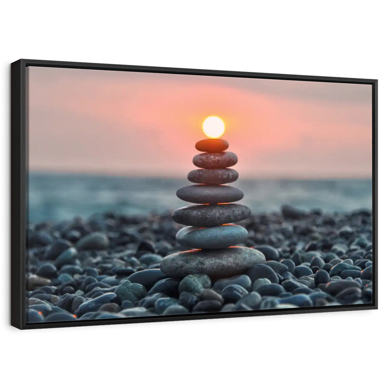 Zen pile au coucher du soleil, Cadre flottant noir, 31 po x 21 po