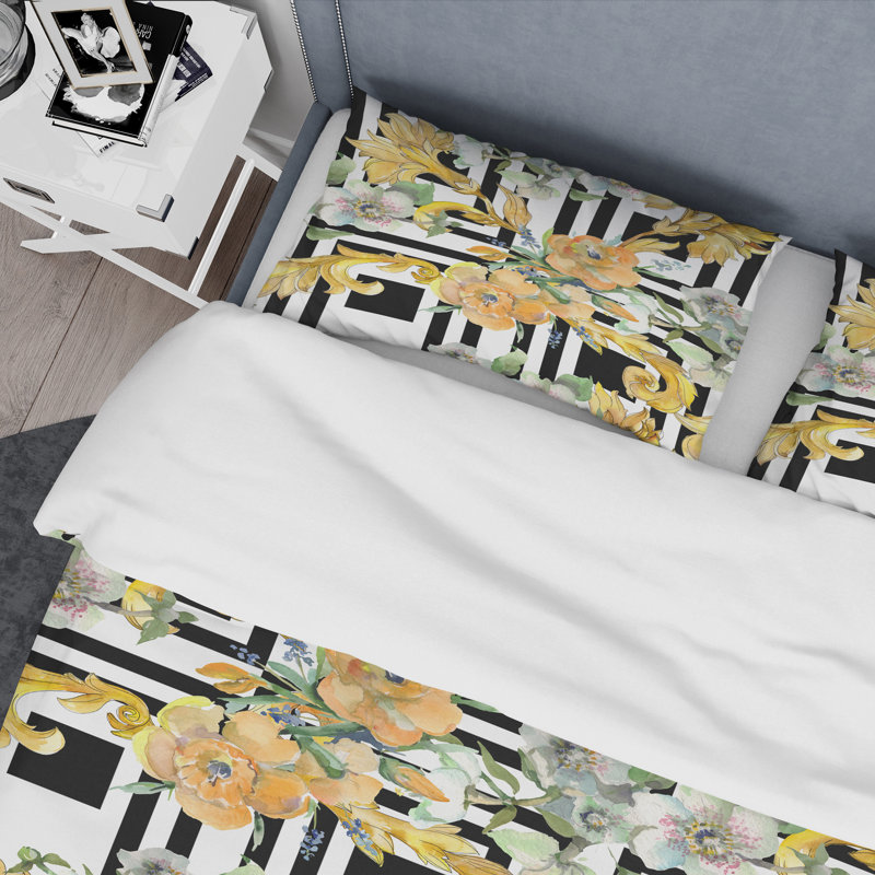 Yellow/Black/White Microfiber Duvet Cover Set, Queen Duvet Cover + 2 Standard Shams