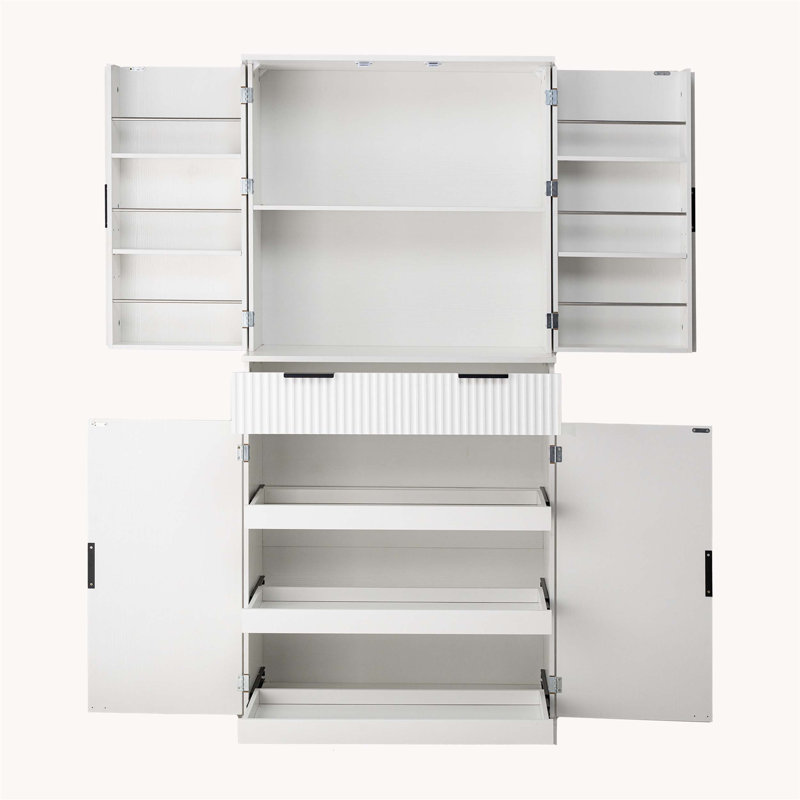 72 Inch Fluted Kitchen Pantry Cabinet with 3 Keyboard Drawers, 6 Adjustable Door Shelves, and Freestanding Design for Versatile Storage
