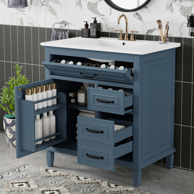 30 Inch Bathroom Vanity With Ceramic Sink Top, Solid Wood Frame, MDF & Pine Cabinet, Flip Drawers, Adjustable Shelf, And Zinc Alloy Handles, Freestanding Storage Cabinet (Faucet Not Included)