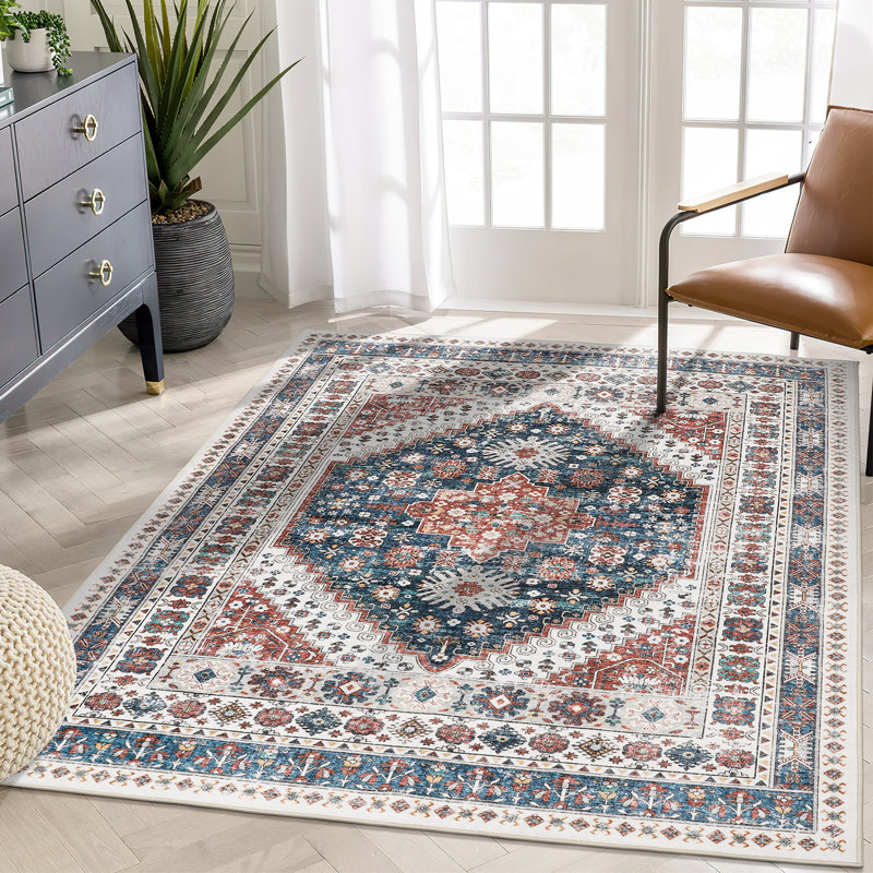 Medallion Non Slip Washable Rug(Red), Rectangle 4' x 6'