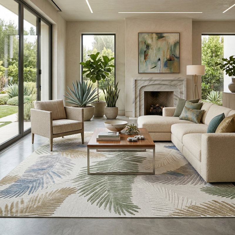 Unfaded Floral Indoor Outdoor High-Low Pile Area Rug in Cream / Green / Blue / Tan for Patios, Deck, Porch Or Entryway