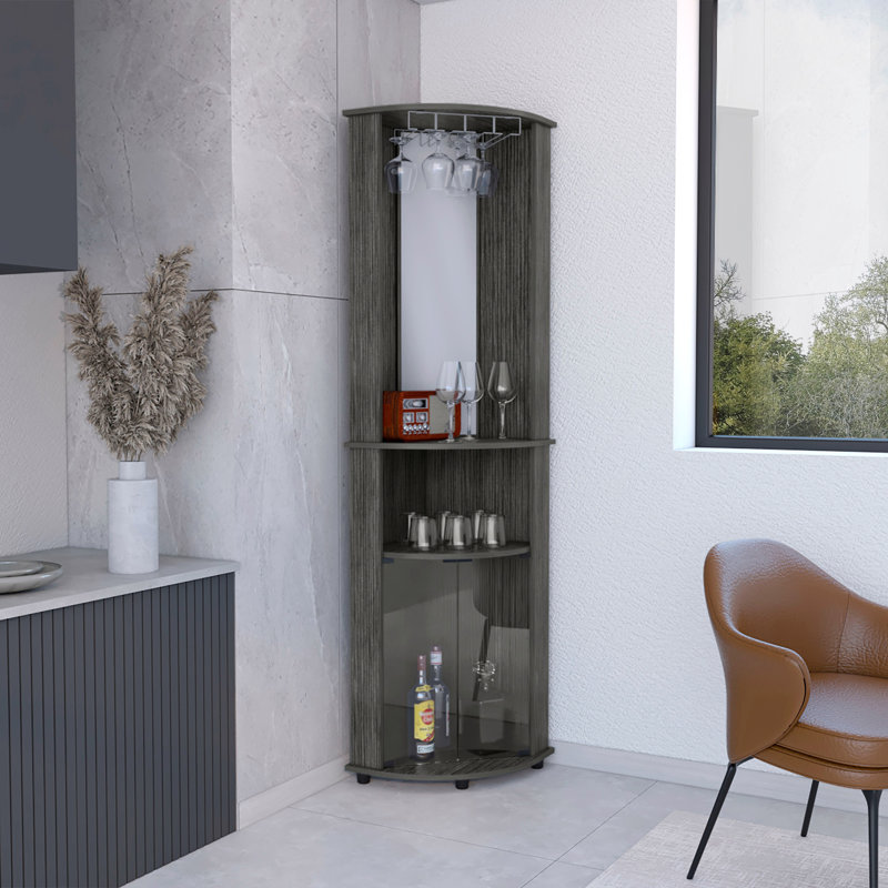 Chicago Corner Bar Cabinet, Rack, Glass Door, Light Gray