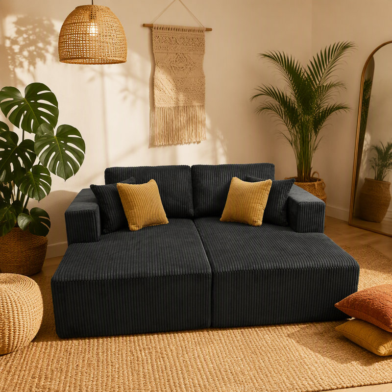 Causeuse double rembourrée en velours côtelé pleine compression sans assemblage requis pour un confort et un style instantanés.