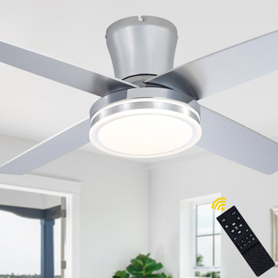 Ventilateur de plafond moderne encastré de 44 pouces avec éclairage et télécommande, moteur CC réversible à 6 vitesses, profil bas chromé