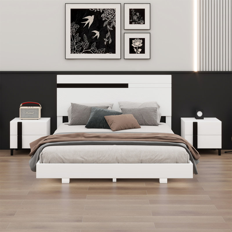 Modern High Gloss 3-Piece Bedroom Set Floating Bed Frame Platform Bed With LED Light & 2 Nightstands