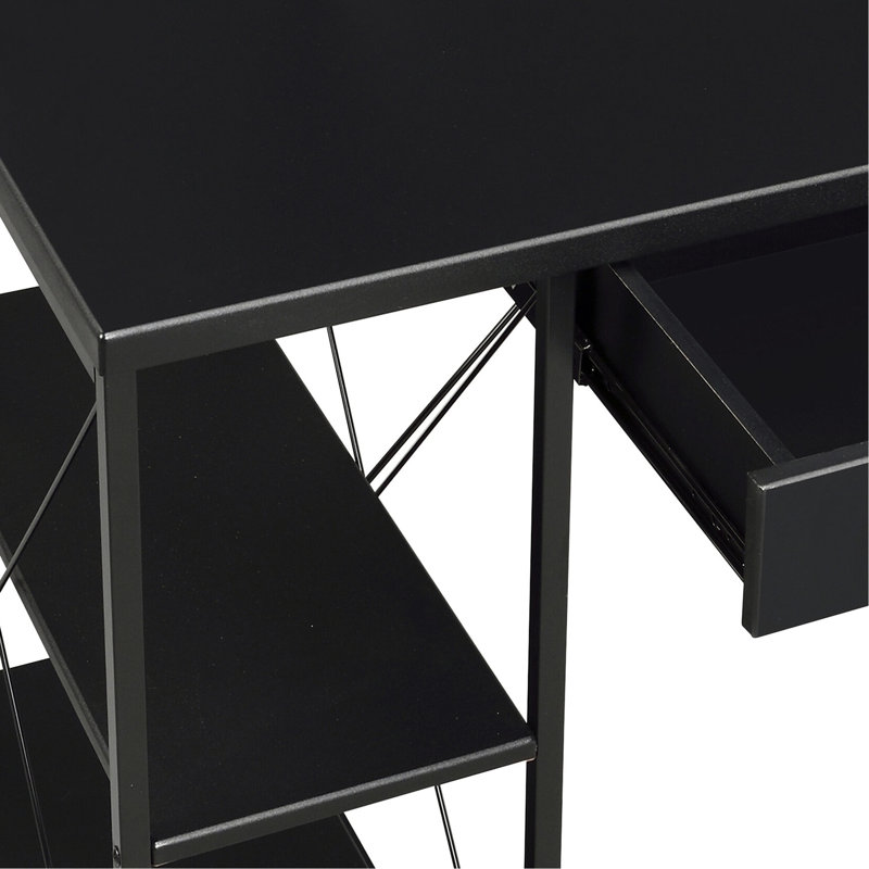 Bureau noir avec tablettes ouvertes et rangement pratique pour câbles à 1 tiroir et 8 compartiments en bois élégant avec structure en bois spacieuse