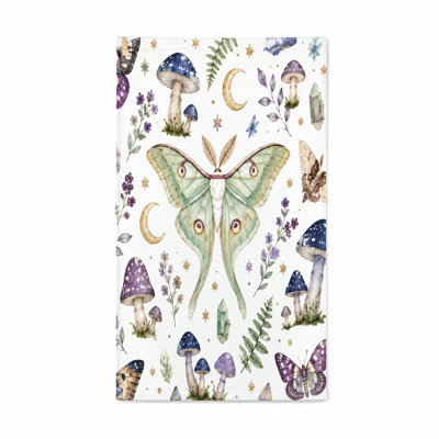 1Pcs Boho Luna Moth Beach Towel, featuring mystical watercolor illustrations of moths, mushrooms, crescent moons, and crystals. This oversized microfiber is perfect for outings, pool days, outdoor adventures, offering a unique artisti