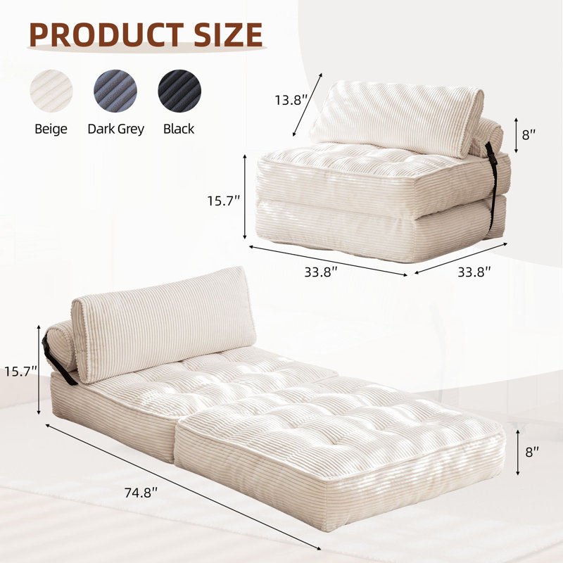 Single Folding Corduroy Convertible Sofa Bed, Foldable Sleeping Chair With Pillow & Back Support,  For Small Spaces