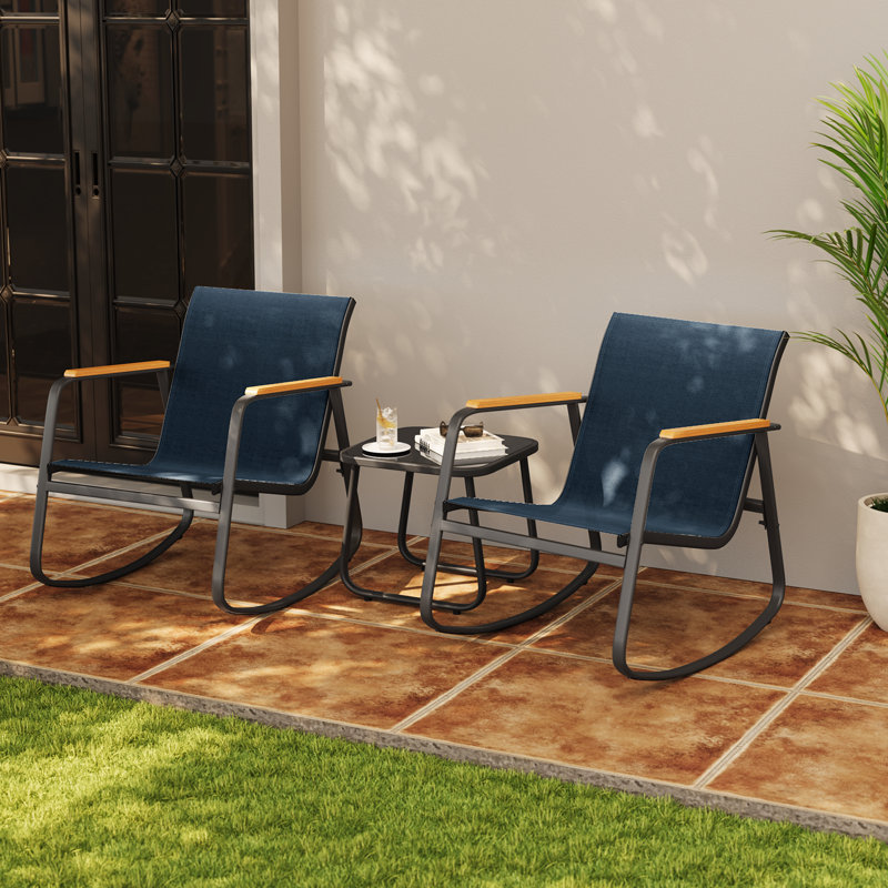 Ensemble de patio d'extérieur 3 pièces avec chaises berçantes en textilène et accoudoirs en bois massif, Bleu