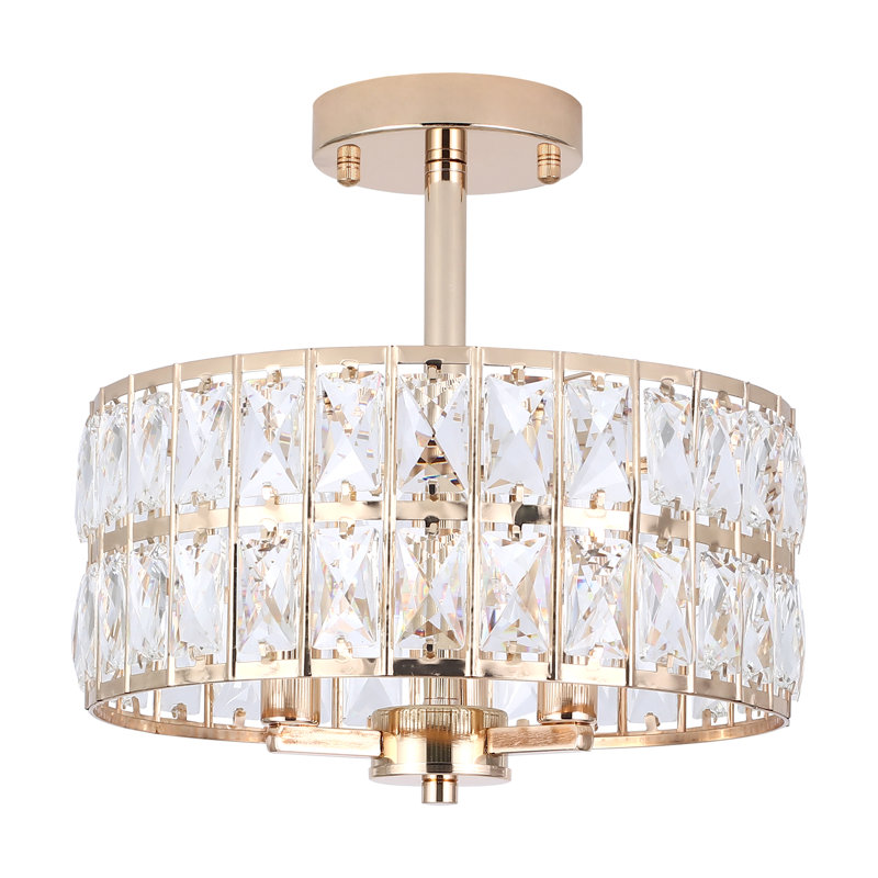 3-Light Crystal Ceiling Light Fixture Semi Flush Mount Chandelier with Drum Shade, French Gold