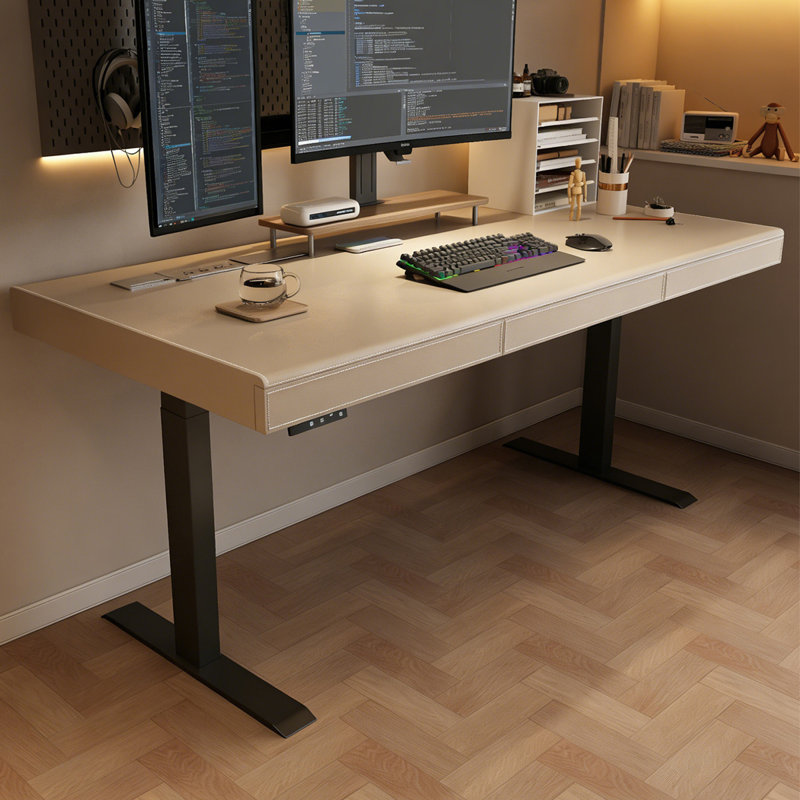 Bureau rectangulaire kaki en bois massif avec 2 tiroirs, 25.2" H x 70.87" W x 27.56" D, Khaki