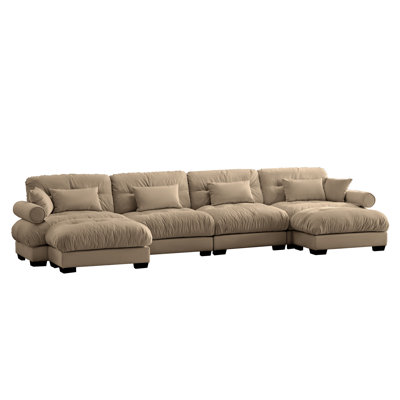 U Shaped Sectional Sofa Cloud Couch With Movable Ottomans, Convertible Deep 4 Seater Modern Velvet Comfy Upholstered Corner Couch With Blostered Armrests, Waist Pillow And Throw Pillows, Camel