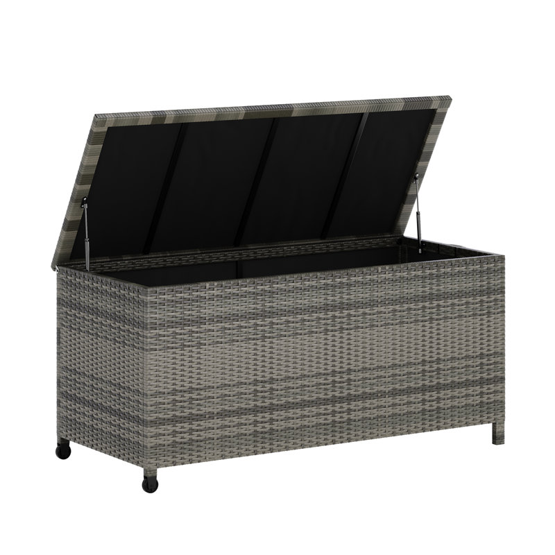 Boîte de rangement pour l'extérieur, coffre en rotin PE de 125 gallons avec roulettes et poignées, côté jardin et piscine, gris
