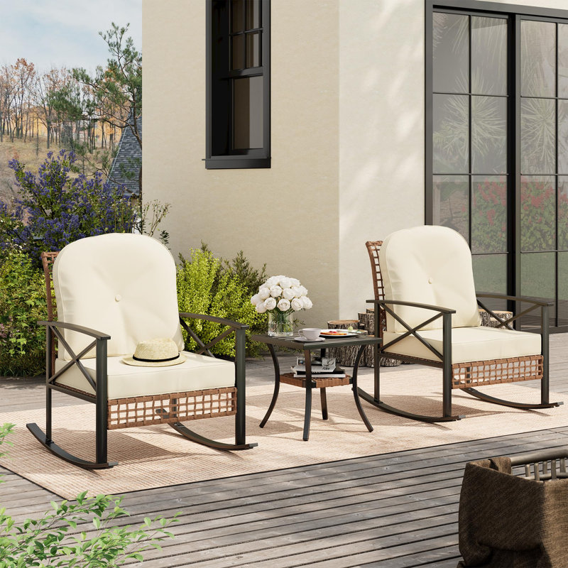 Ensemble bistro 3 pièces en rotin, meubles de patio avec 2 chaises berçantes et une table basse à 2 niveaux