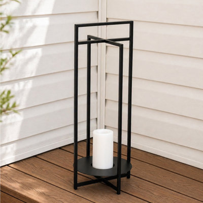 H18" Solar Outdoor Lantern With Flickering Led Candle And Automatic Dusk-to-dawn Light Black Metal Frame