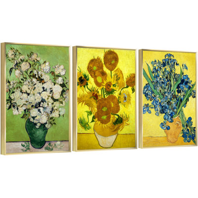 «Roses & Sunflowers & Irises» par Vincent Van Gogh - Ensemble de 3 reproductions de cadres photo sur toile