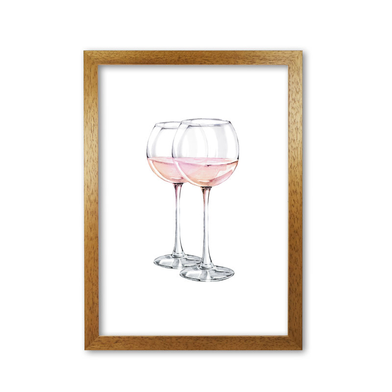 Pink Wine Glasses - Single Picture Frame Rectangle Painting, Honey Oak Frame, 42 cm H x 30 cm W x 5 cm D