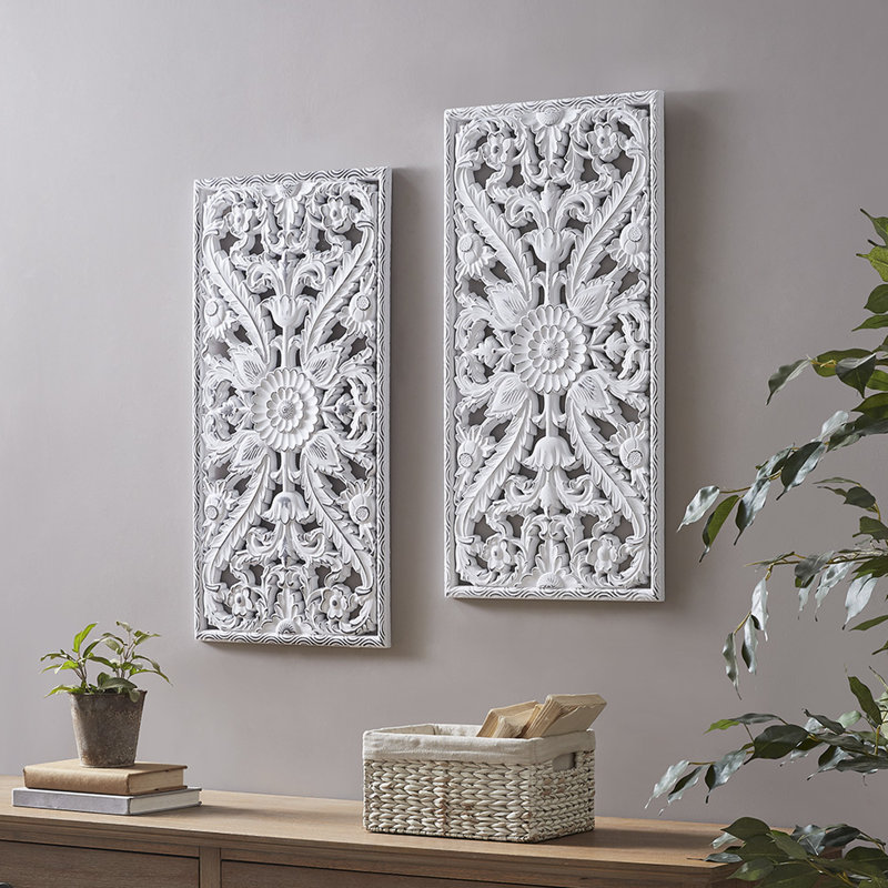 Décoration murale en bois 2 - Lotus vieilli blanc délavé avec décoration florale