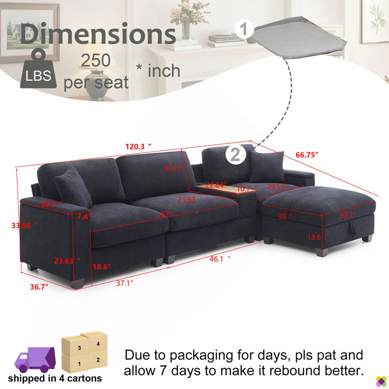 Loette 120.3" Configurable Sectional Sofa, USB Ports, Cup Holder, 360°Rotate Tabletop, Console Box & Armrests
