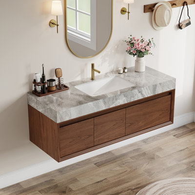 48 Inch Modern Floating Bathroom Vanity, Wall Mounted Bathroom Cabinet with Premium Sintered Stone Countertop, Walnut Wood Grain Finish