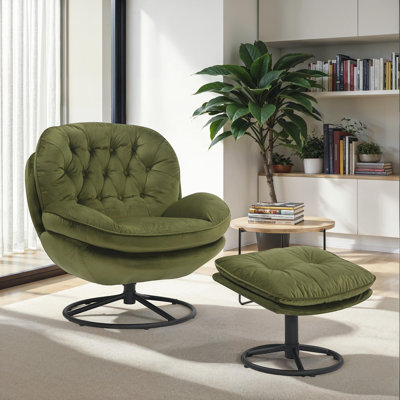 Velvet Swivel With Footstool Accent Chair