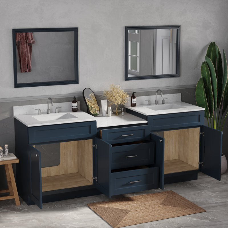 Plateau de meuble-lavabo double en bois massif avec tiroir à queue d'aronde et comptoir Carrara, 85", Bleu