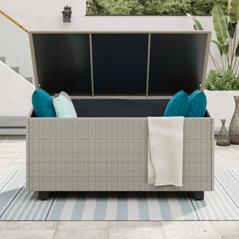 Kristiana 204 Gallon Water Resistant Wicker / Rattan Outdoor Deck Box with Metal Sled Base, Light Gray