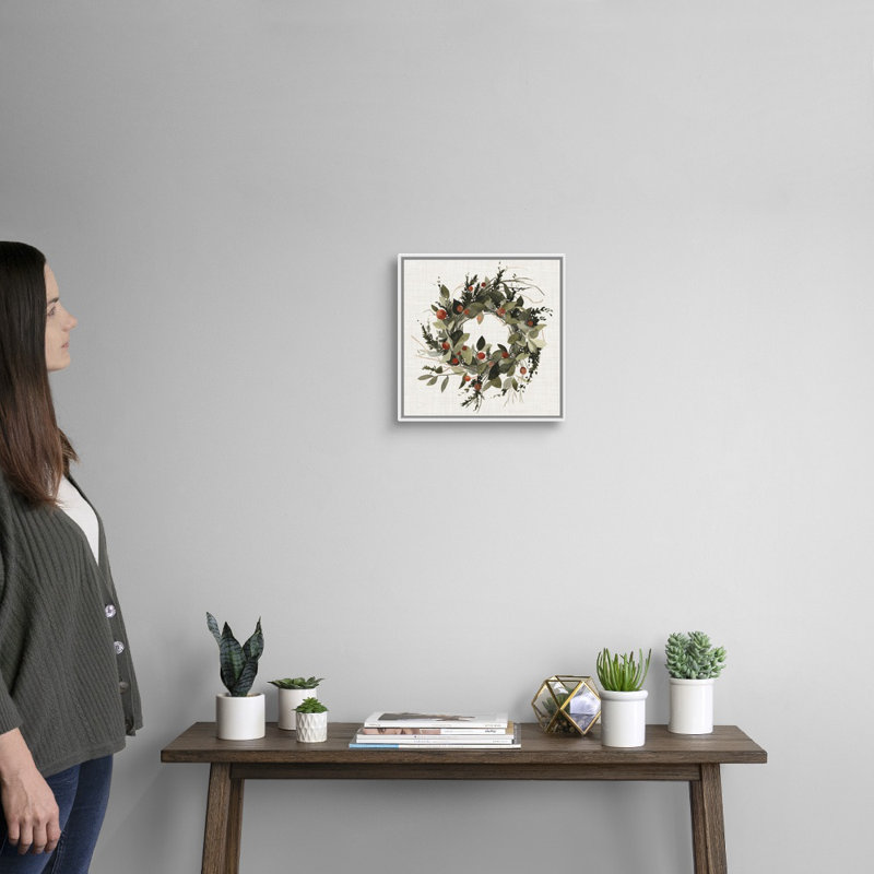 « Farmhouse wreath II » par Emma Scarvey, reproduction d’art sur toile, H 14 po x l 14 po x P 1,75 po, Cadre blanc