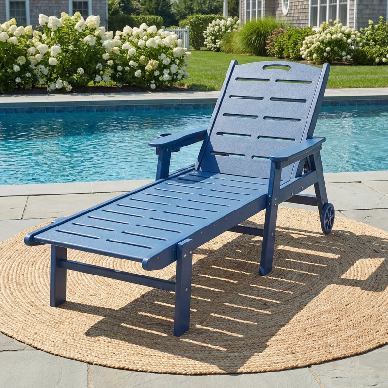HDPE Outdoor Chaise Lounge – 5-Position Adjustable with Wheels & Cup Holder, Navy Blue
