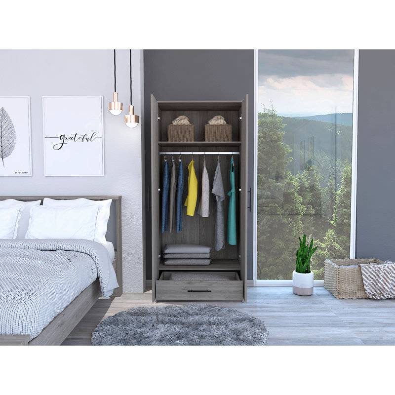Armoire Ambery 180, deux tablettes, porte double, tringle en métal, un tiroir