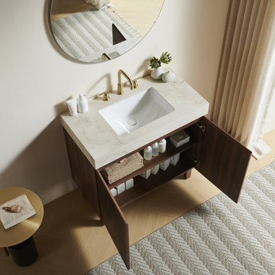 LULA 36 Bathroom Vanity&Sink,Freestanding Cabinet,Cream Gold Vein Sintered Stone Top&Ceramic Basin with 8'' widspread 3 Holes,Disassembled,NO Faucet and Drain Set, Walnut Woodgrain Color