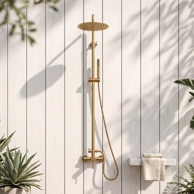 Douche murale extérieure de 91 à 132 cm de hauteur, en acier inoxydable 316 antirouille, avec douchette et pommeau de douche effet pluie de 25 cm.