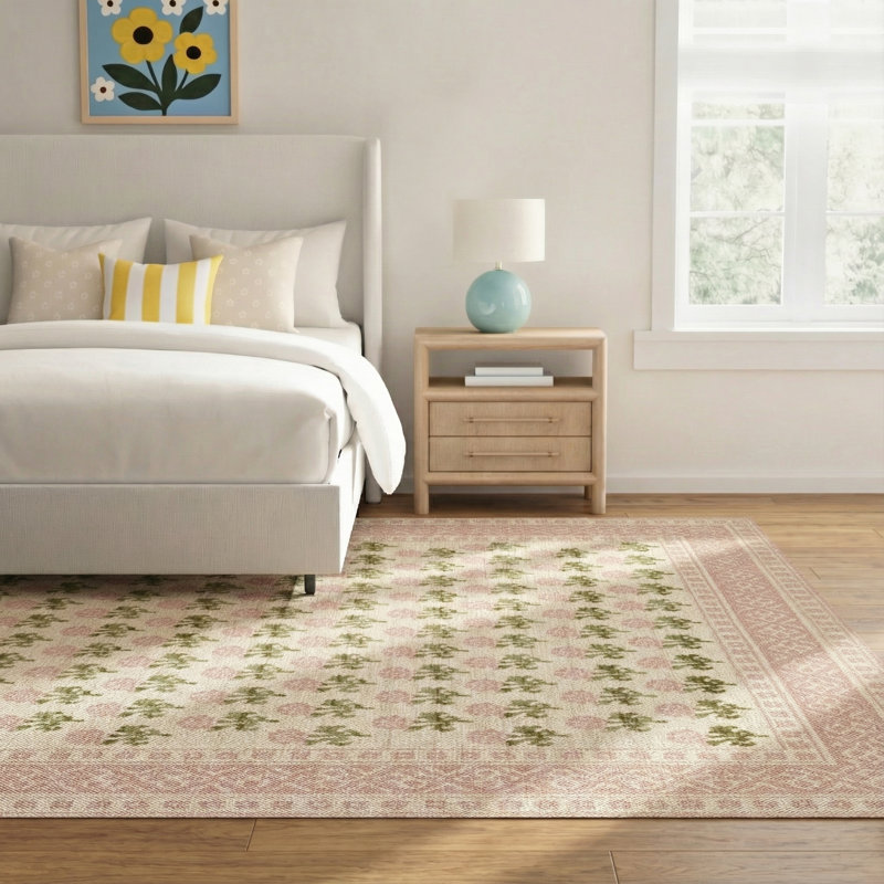 Anders Traditional Floral Wool and Nylon Pink Area Rug, Rectangle 9'9" x 12'6"