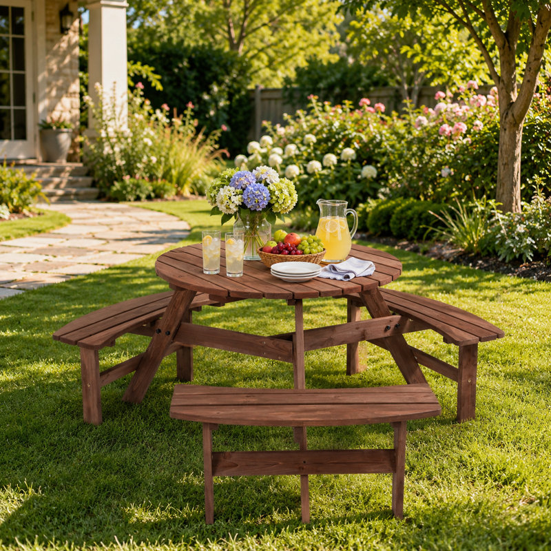 Mistie Farmhouse Outdoor Round Picnic Table with 2" Diameter Umbrella Hole, Brown