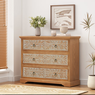 Loegan Wooden Dresser With 3 Drawers & Floral Carved Accents