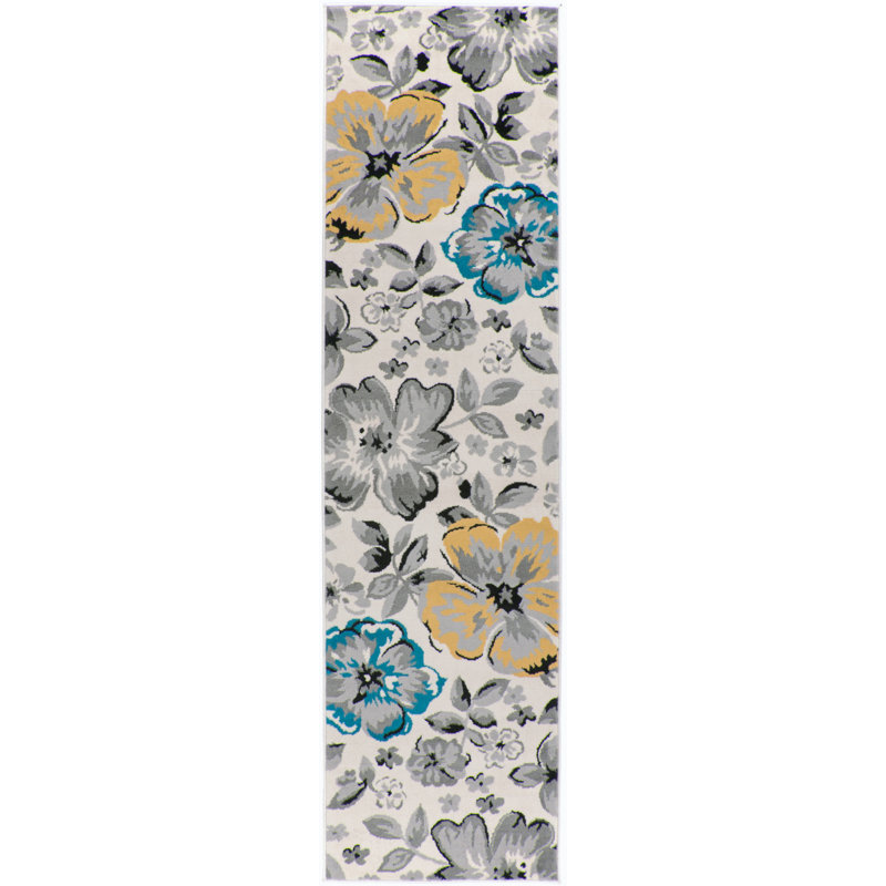 Tapis performance crème / jaune / bleu à motif floral moderne, Tapis de couloir 2 pi x 7 pi 2 po