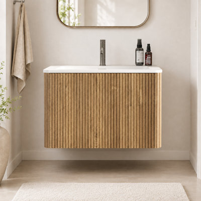24" Floating Bathroom Vanity with White Solid Surface Sink, Striped Honey Oak Wall Mounted Bathroom Cabinet, Pre-Assembled Modern Vanity