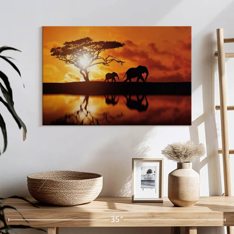 Silhouettes d'éléphants Brampt au coucher du soleil, H 16 po x l 24 po