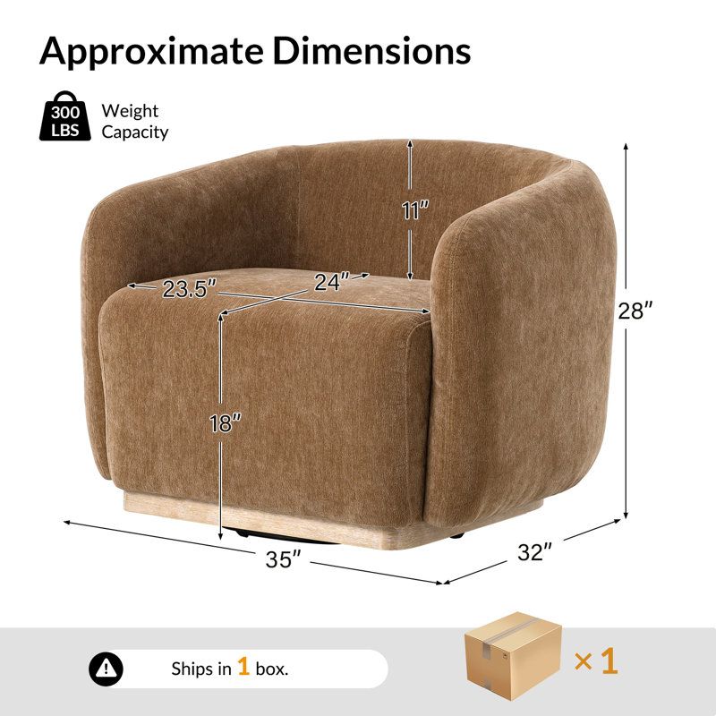 Berklie 35"W Modern Boucle Chenille Swivel Armchair With Solid Wood Base, Caramel