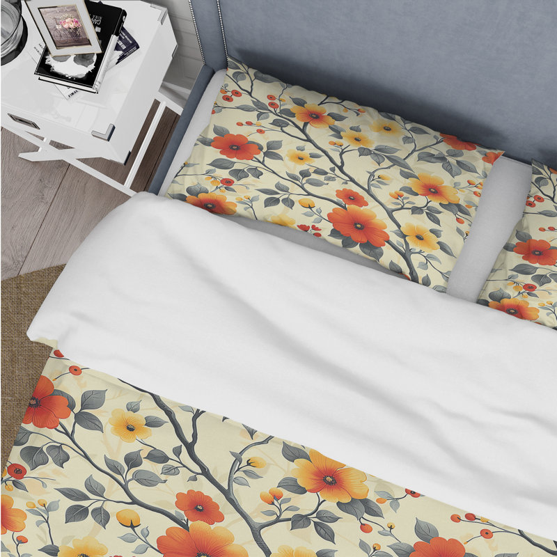 Red Yellow Delicate Floral Dream - Ensemble de housse de couette floral, Housse de couette simple + 2 taies décoratives st