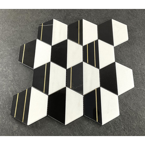 4" x 4" Thassos White, Absolute Black and Gold mini strip Honeycomb Mosaic Wall & Floor Tile