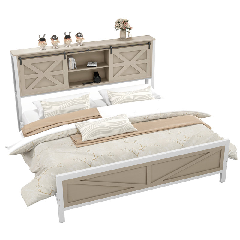 Farmhouse Platform Storage Bed with Bookcase Headboard and Built-In Charging Station, Queen, Brown