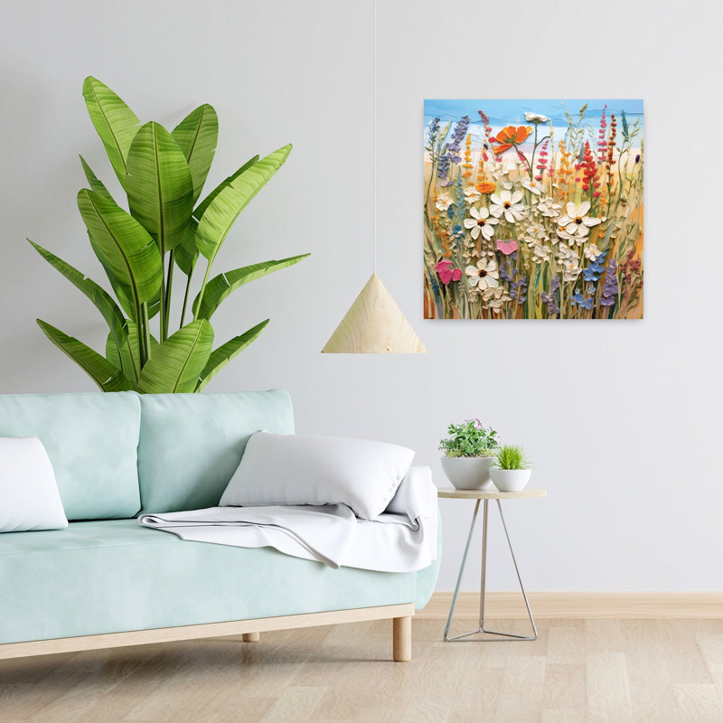 Art contemporain avec fleurs lumineuses et fleurs de prairie, H 24 po x l 24 po